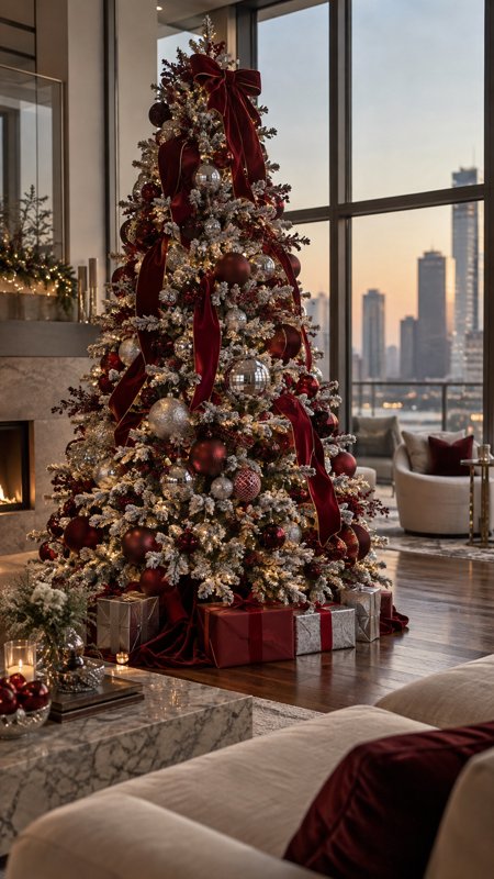 A styled Christmas tree with red velvet bows and silver ornaments in a modern high-rise living room